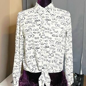 Love Notes Small Size Eye Glasses Print Graphic Tie Front Button Down Blouse